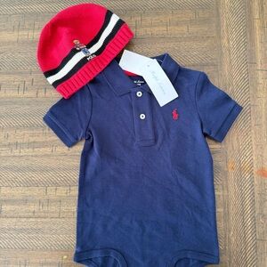Ralph Lauren Navy Blue Polo Bodysuit with Red Logo